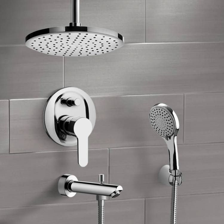 Remer TSH37-8 Chrome Tub and Shower Set with 8 Inch Rain Ceiling Shower Head and Hand Shower